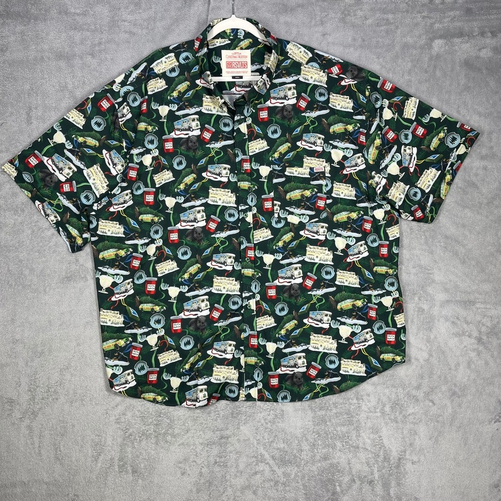 RSVLTS Christmas Vacation Shirt Mens 4XL Green Kunuflex Button Down Holiday